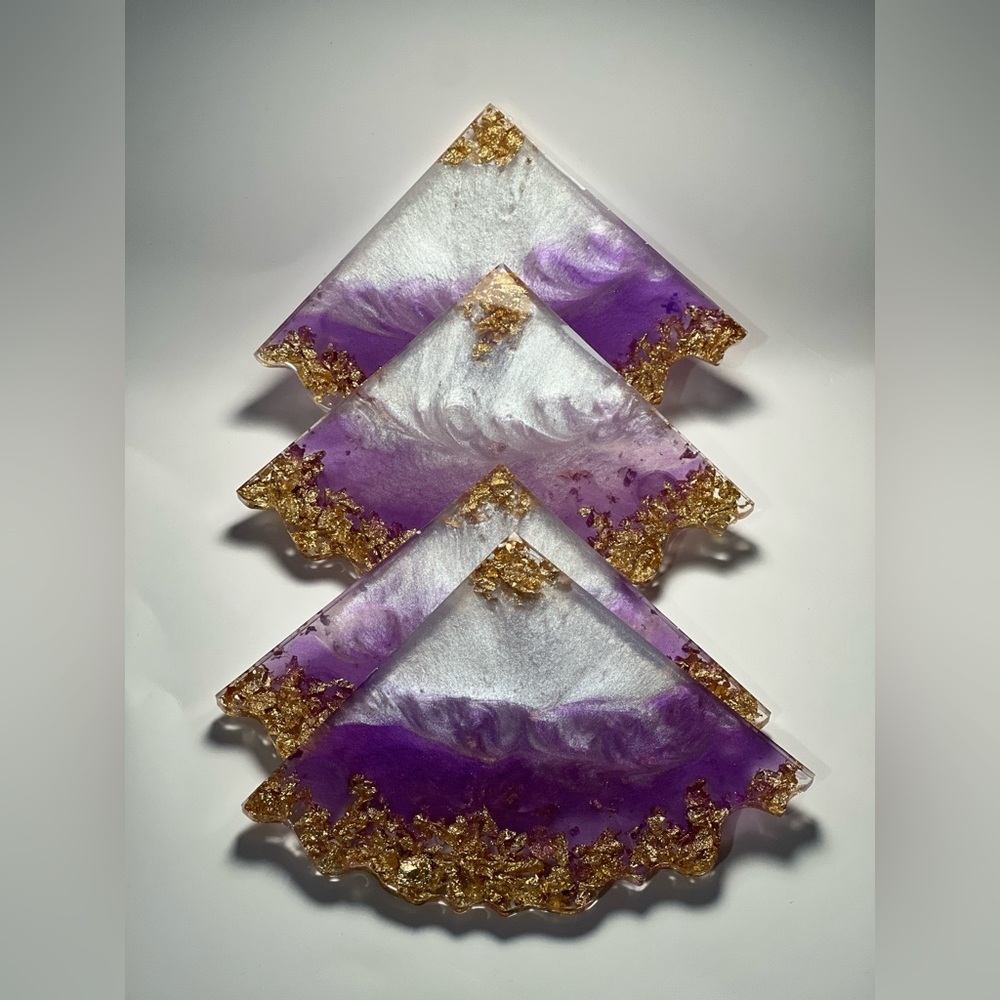 Handmade Purple & White Resin Coasters with Gold Leaf Edge (Set of 3)
